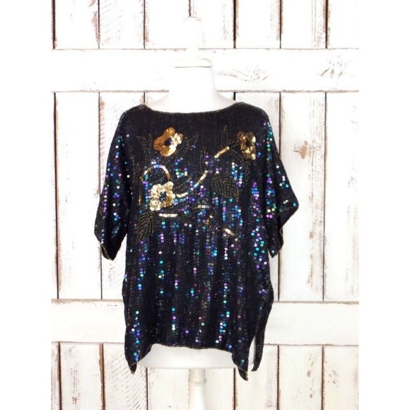 Vintage silk black white silver beaded sequins floral top - Picture 4 of 4
